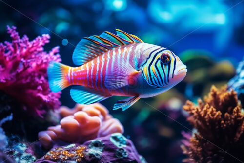 Generative AI a colorful fish swimming through a coral reef - Starpik Stock