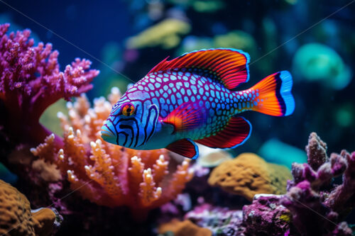 Generative AI a colorful fish swimming through a coral reef - Starpik Stock