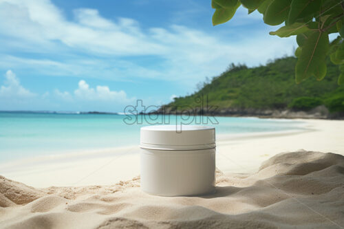 Generative AI a cosmetic packaging on the sand on a beach - Starpik Stock
