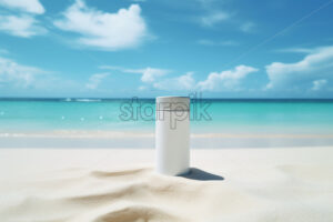 Generative AI a cosmetic packaging on the sand on a beach - Starpik Stock