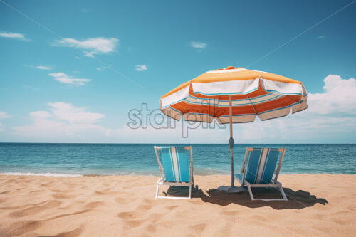 Generative AI a deckchair and an umbrella on a sea beach - Starpik Stock