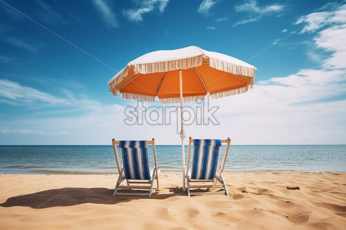 Generative AI a deckchair and an umbrella on a sea beach - Starpik Stock