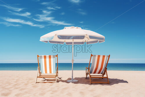 Generative AI a deckchair and an umbrella on a sea beach - Starpik Stock