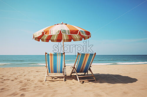 Generative AI a deckchair and an umbrella on a sea beach - Starpik Stock