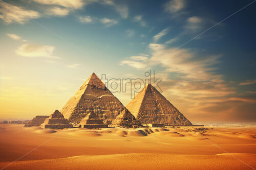 Generative AI a desert landscape with the pyramids of Giza - Starpik Stock
