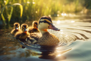 Generative AI a duck with ducklings swims on the lake - Starpik Stock