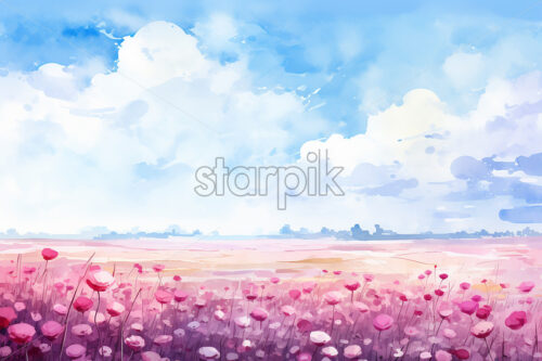 Generative AI a field with flowers created in a minimalist watercolor style - Starpik Stock