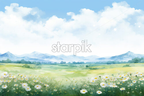 Generative AI a field with flowers created in a minimalist watercolor style - Starpik Stock