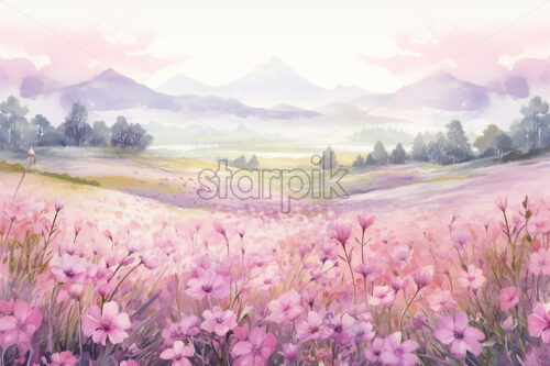 Generative AI a field with flowers created in a minimalist watercolor style - Starpik Stock
