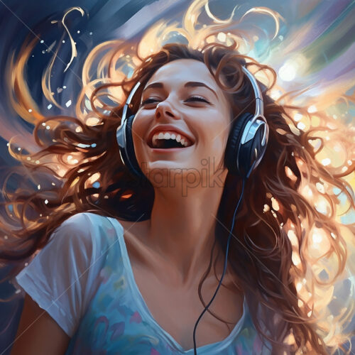 Generative AI a girl who listens to music in headphones and is happy - Starpik Stock