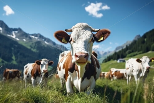 Generative AI a herd of cows and a cow in the foreground on a mountain meadow - Starpik Stock