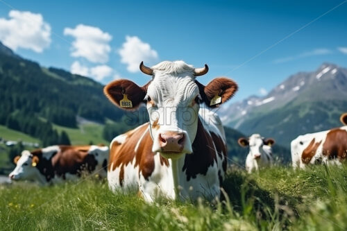 Generative AI a herd of cows and a cow in the foreground on a mountain meadow - Starpik Stock