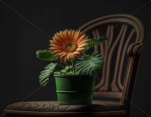 Generative AI a house flower in a green pot on an old wooden chair - Starpik Stock