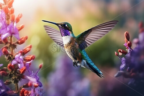 Generative AI a hummingbird flying from flower to flower - Starpik Stock