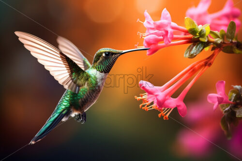 Generative AI a hummingbird flying from flower to flower - Starpik Stock