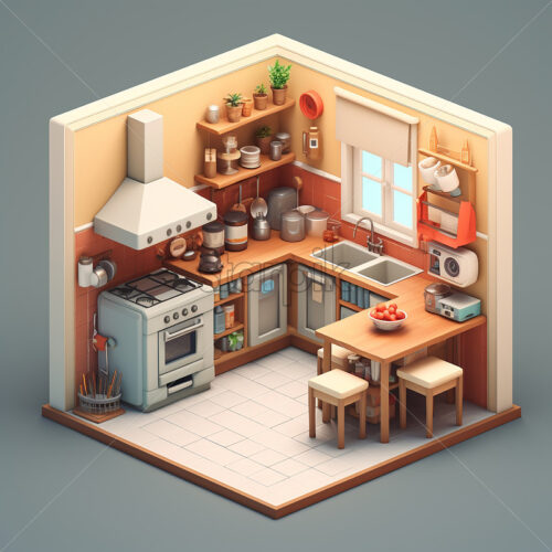 Generative AI a kitchen created in 3d isometric style - Starpik Stock