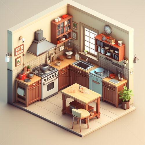 Generative AI a kitchen created in 3d isometric style - Starpik Stock