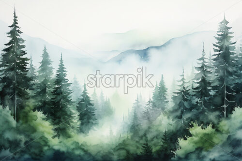 Generative AI a landscape of a forest created in watercolor - Starpik Stock
