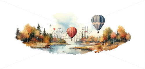 Generative AI a landscape of a forest through which a river passes and hot air balloons - Starpik Stock