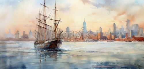 Generative AI a landscape of a sea on which a boat floats, and the background is the city of New York in watercolor - Starpik Stock