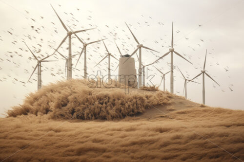 Generative AI a landscape that contains an autumn field with wind turbines and many birds flying - Starpik Stock