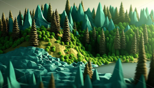 Generative AI a landscape that represents a lake, a hill, mountains, a forest of conifers, bushes and stones - Starpik Stock
