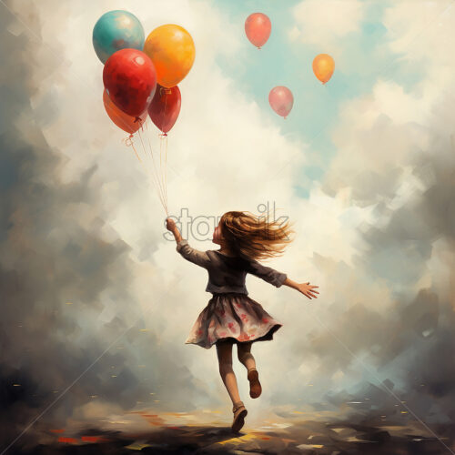 Generative AI a little girl running with balloons in her hand - Starpik Stock