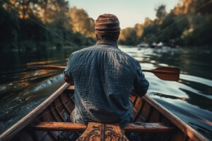 Generative AI a man rowing a wooden boat on a river - Starpik Stock