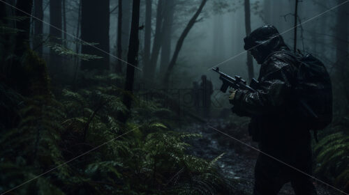 Generative AI a military scout sneaks through the forest in a military uniform - Starpik Stock