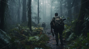 Generative AI a military scout sneaks through the forest in a military uniform - Starpik Stock