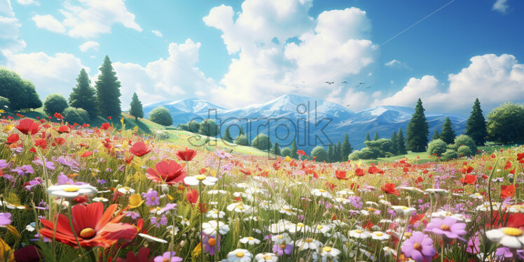 Generative AI a mountain landscape with a plain full of multicolored flowers and different species - Starpik Stock