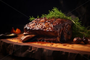 Generative AI a piece of meat sitting on a wooden bottom - Starpik Stock