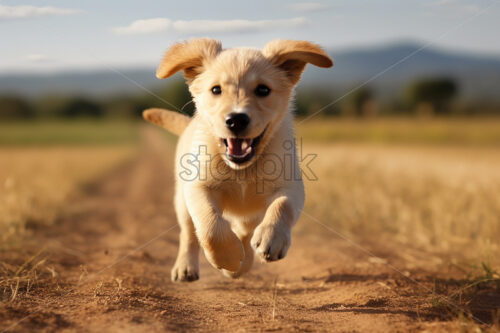 Generative AI a puppy running in a field - Starpik Stock