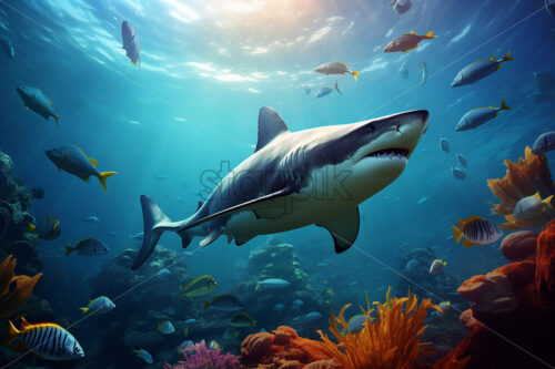 Generative AI a shark swimming among the fish in the ocean - Starpik Stock