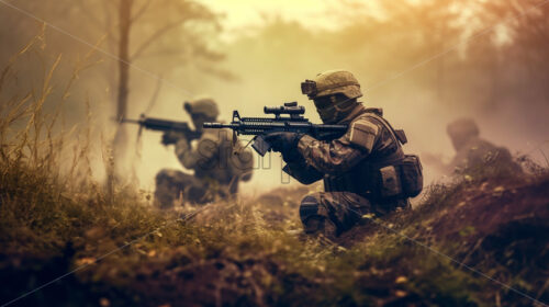 Generative AI a soldier firing his gun against a forest background - Starpik Stock