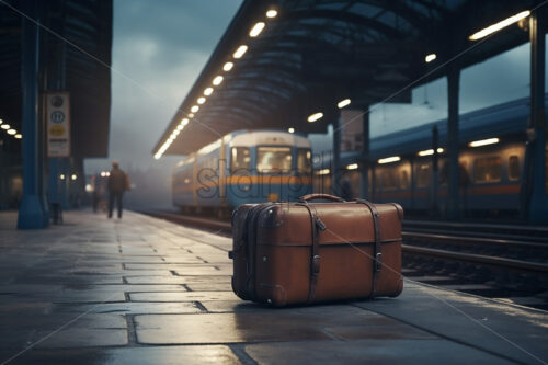 Generative AI a suitcase is on a train platform - Starpik Stock
