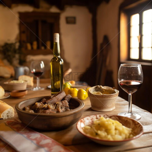 Generative AI a table full of traditional dishes from the Republic of Moldova and of course Moldovan wine - Starpik Stock