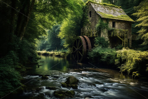 Generative AI a water mill on a river in the mountains - Starpik Stock