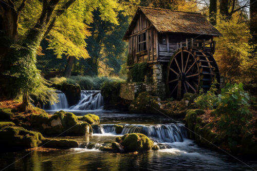 Generative AI a water mill on a river in the mountains - Starpik Stock