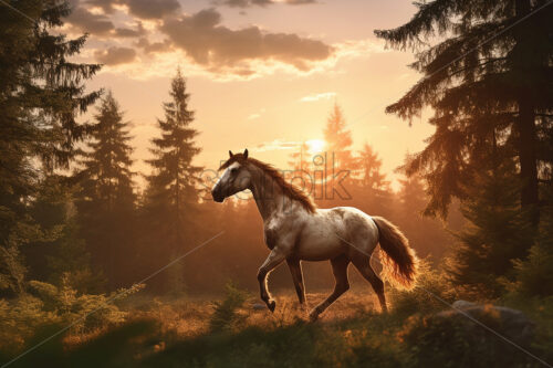 Generative AI a wild horse running on a meadow in the forest - Starpik Stock