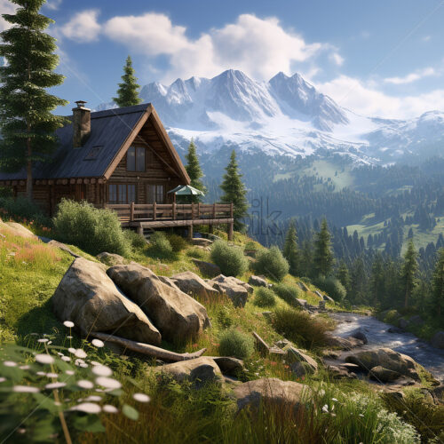 Generative AI a wooden cabin located on a slope in the forest with mountains in the background - Starpik Stock