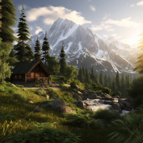 Generative AI a wooden cabin located on a slope in the forest with mountains in the background - Starpik Stock