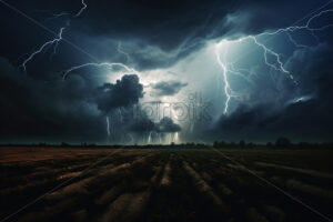 Generative AI an agricultural field and there are black clouds and lightning in the sky - Starpik Stock