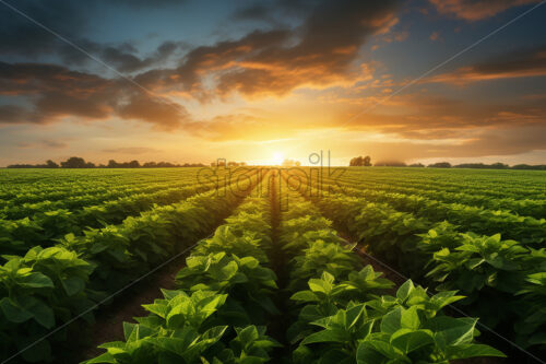 Generative AI an agricultural plantation in a field at sunset - Starpik Stock