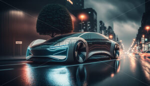 Generative AI an electric car driving on a wet street with light reflections on it - Starpik Stock