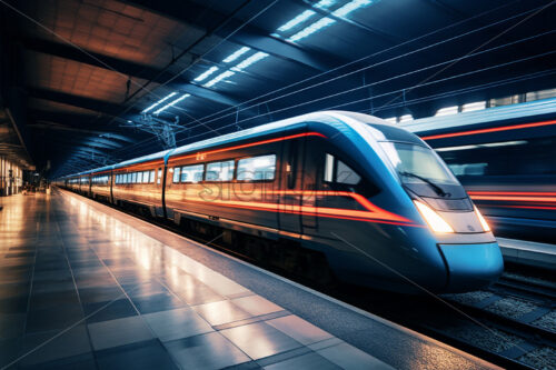 Generative AI an electric train going at high speed, photo created with long exposure time - Starpik Stock