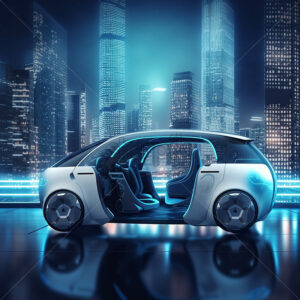 Generative AI autonomous futuristic car with gigantic buildings in the background - Starpik Stock