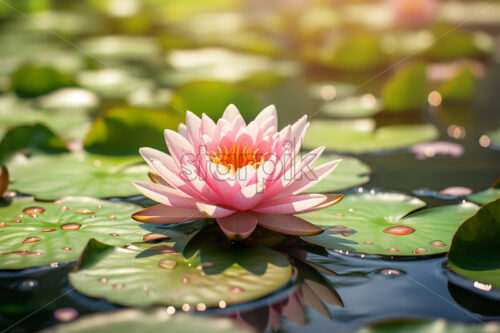 Generative AI beautiful water lily flowers that are on a lake - Starpik Stock