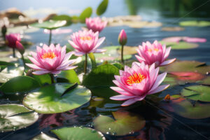 Generative AI blooming water lilies on a nearby lake - Starpik Stock