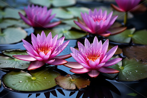 Generative AI blooming water lilies on a nearby lake - Starpik Stock
